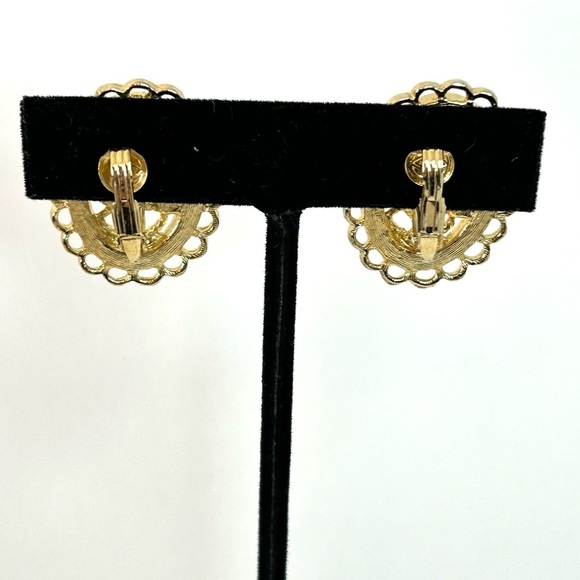 Gold Tone Cream Enamel Clip On Earrings 1.20”L - Picture 6 of 6